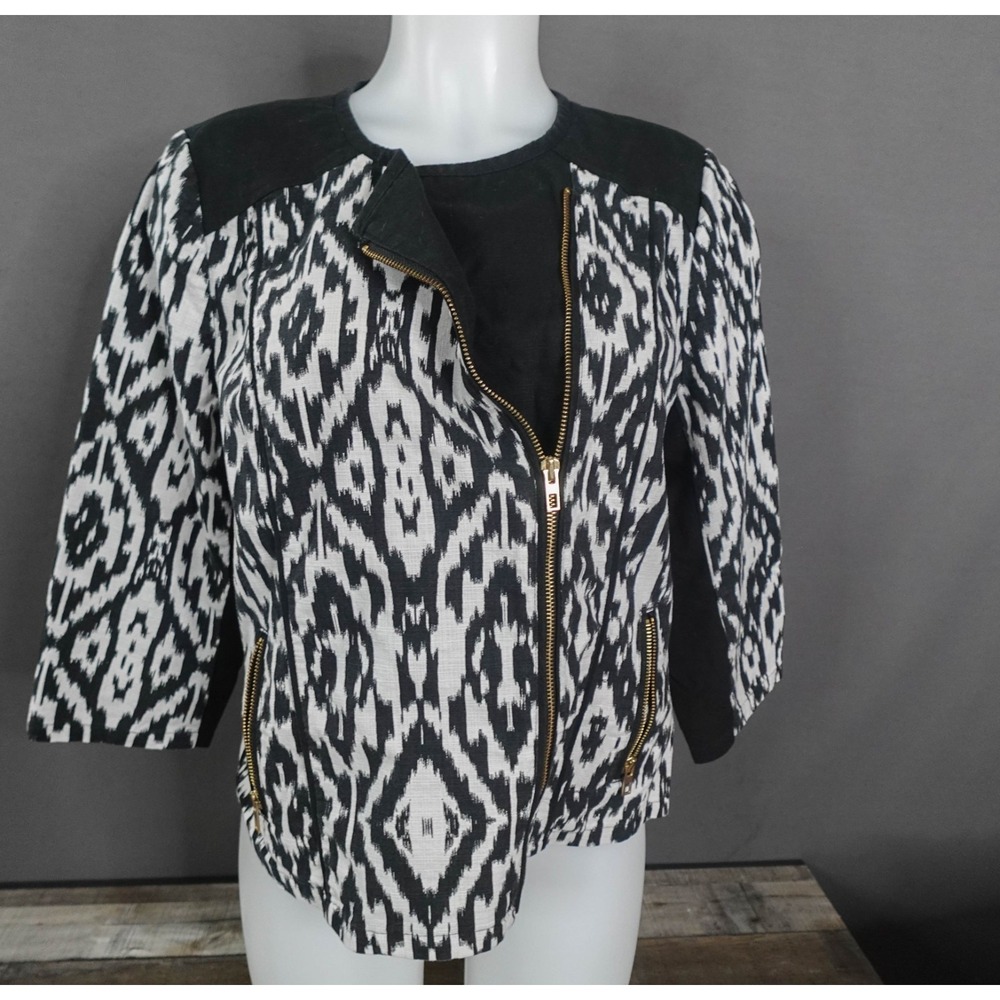 Chicos Womens Blazer Jacket 1 Medium Black Ikat Barkcloth Moto Zip Artsy Classic